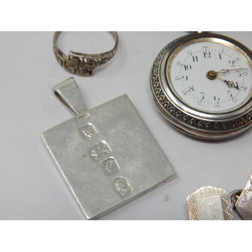 143 - A Quantity of Hallmarked Silver Including a Fob Watch, Victorian Coin Brooch, Ingot Pendant, Cufflin... 