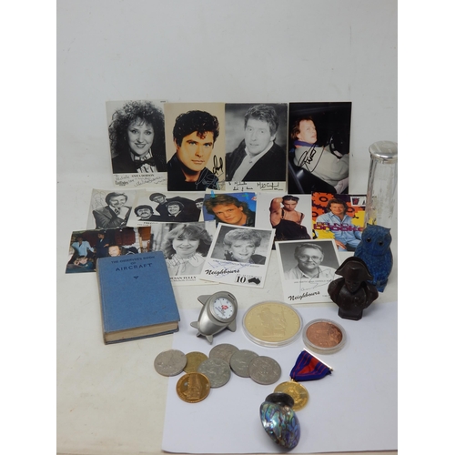 341 - A Group of Items Including a Hallmarked Silver Topped Hat Pin Jar, Coins, Autographed Celebrity Phot... 