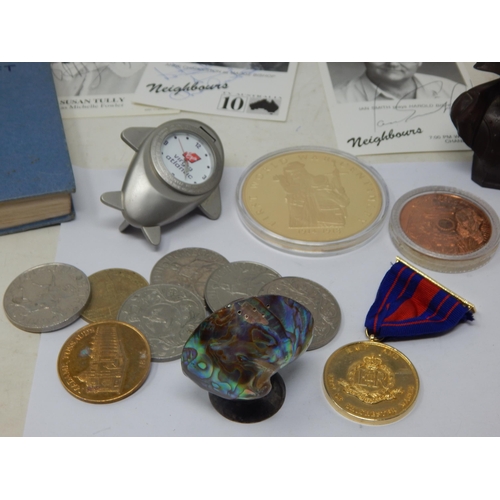 341 - A Group of Items Including a Hallmarked Silver Topped Hat Pin Jar, Coins, Autographed Celebrity Phot... 