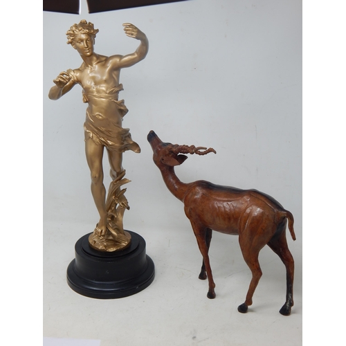 343 - Liberty Style Leather Antelope 32cm wide together with a gilded large spelter figure 45cm high