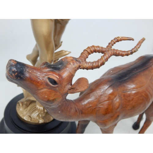 343 - Liberty Style Leather Antelope 32cm wide together with a gilded large spelter figure 45cm high