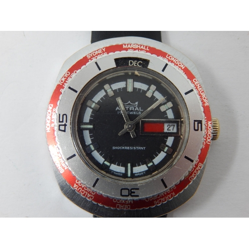 281 - Vintage Astral Day Date Wristwatch with Outer Red World Time Bezel on Black Leather Strap