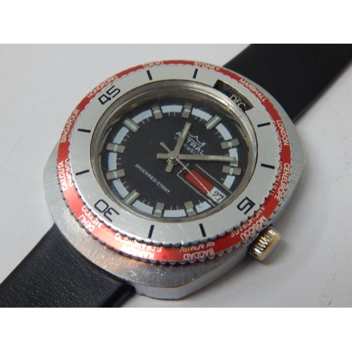 281 - Vintage Astral Day Date Wristwatch with Outer Red World Time Bezel on Black Leather Strap