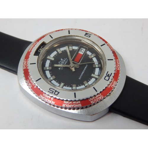 281 - Vintage Astral Day Date Wristwatch with Outer Red World Time Bezel on Black Leather Strap