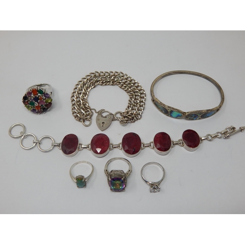 195 - A Quantity of Silver Jewellery Including Gate Bracelet with Padlock Clasp, Gem Set Bracelet, Bangle ... 