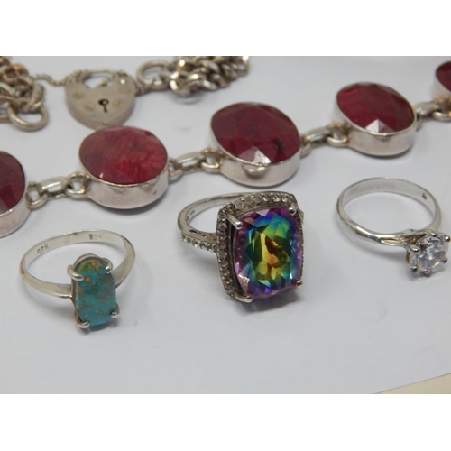 195 - A Quantity of Silver Jewellery Including Gate Bracelet with Padlock Clasp, Gem Set Bracelet, Bangle ... 