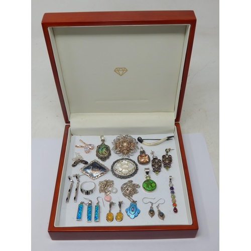 198 - A Wooden Jewellery Box Containing a Large Quantity of Silver Jewellery Including Pendants, Brooches,... 