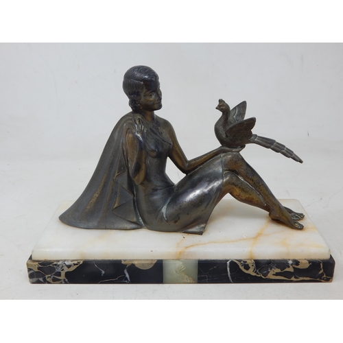 302 - Signed French Art Deco Figure of a Lady with Bird on Marble Base: Signed H. Bal: Width 28cm