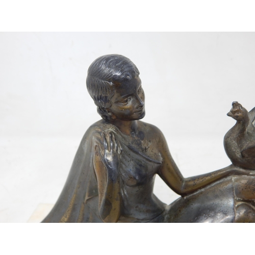 302 - Signed French Art Deco Figure of a Lady with Bird on Marble Base: Signed H. Bal: Width 28cm