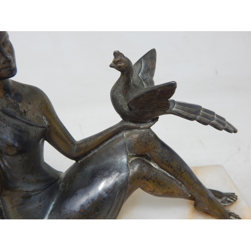 302 - Signed French Art Deco Figure of a Lady with Bird on Marble Base: Signed H. Bal: Width 28cm