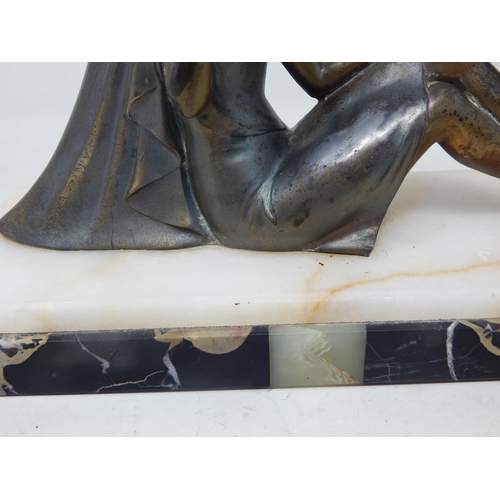 302 - Signed French Art Deco Figure of a Lady with Bird on Marble Base: Signed H. Bal: Width 28cm