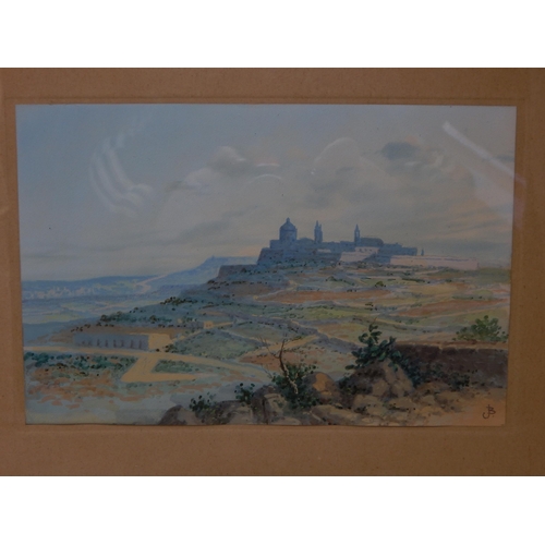 309 - Watercolour: Distant Buildings within a Landscape, possibly Malta: Signed with monogram 