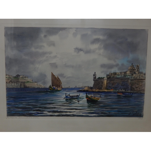 333 - Joseph Galea (1904-1985) Entrance of Grand Harbour, Malta: Signed & Dated 1969: Framed & Glazed: Mea... 