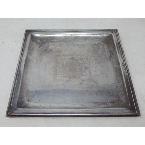 Portuguese 925 Hallmarked Silver Square Shaped Salver with engraved crest: 22cm diameter: weight 472g