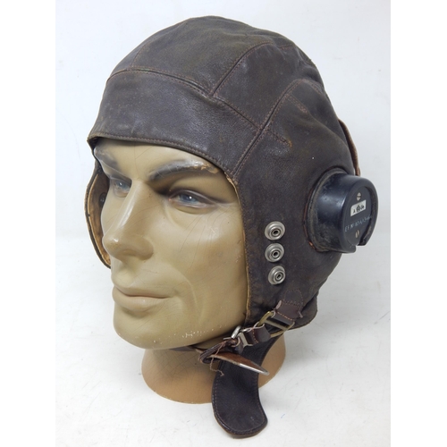 418 - WWII RAF C Type Brown Leather Flying Helmet with Air Ministry earpieces numbered 10A/13466. The cham... 