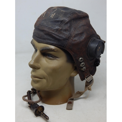 419 - WWII RAF C Type Brown Leather Flying Helmet with Air Ministry earpieces, wired with brown bakelite b... 