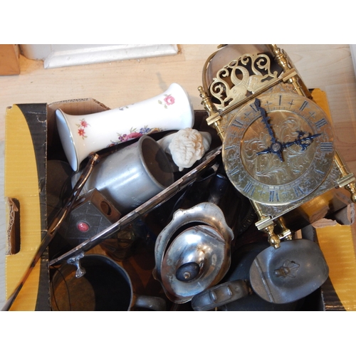 381 - A Box containing a quantity of items including a brass lantern clock, pewter & silver plated wares e... 