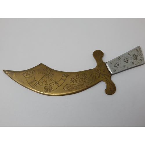 442 - WWI K.S.L.I Shropshire Engraved Trench Art Brass Curved Dagger, souvenir of 1918 world war. Length 1... 