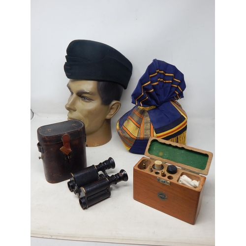 445 - WWI Binoculars in Leather Case, Gun Cleaning Kit by Parker Hall, RAF Forage Cap & an Indian Hat