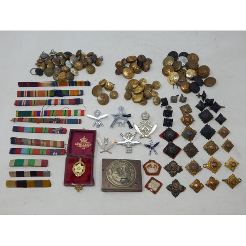 446 - A Large Quantity of Military Medal Bars, Epaulette Badges, Further Badges, Buttons & German Belt Buc... 