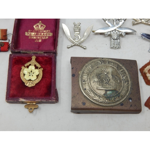 446 - A Large Quantity of Military Medal Bars, Epaulette Badges, Further Badges, Buttons & German Belt Buc... 