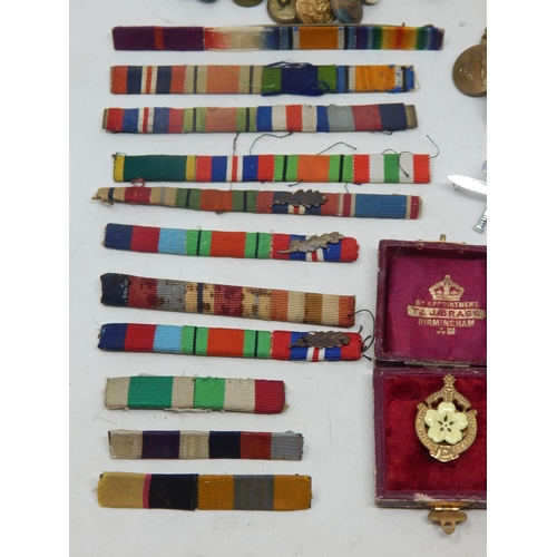 446 - A Large Quantity of Military Medal Bars, Epaulette Badges, Further Badges, Buttons & German Belt Buc... 