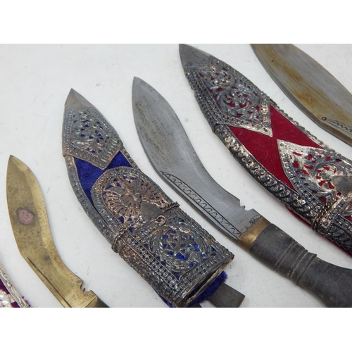 447 - Three Nepalese Kothamora Kukris in Indian Silver Decorated Sheaths: Largest 31cm overall