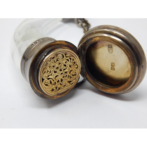 207 - Victorian Silver & Glass Cornucopia Vinaigrette with Hinged Gilded Pierced Grille & Finger Chain: Ha... 