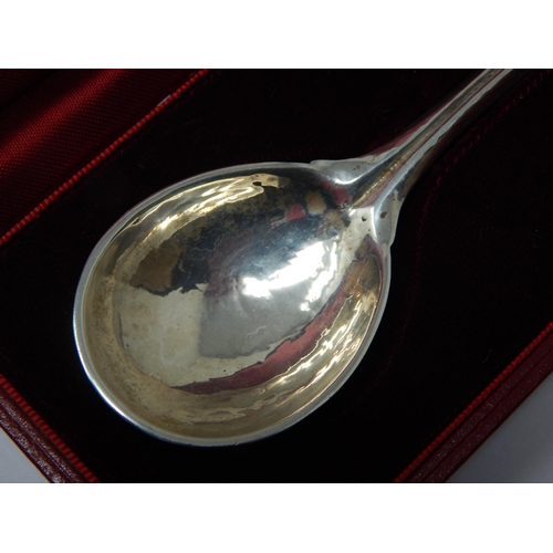 215 - OMAR RAMSDEN: Silver Spoon with Thistle Terminal Hallmarked London 1938 in Fitted Case: Length 16cm:... 