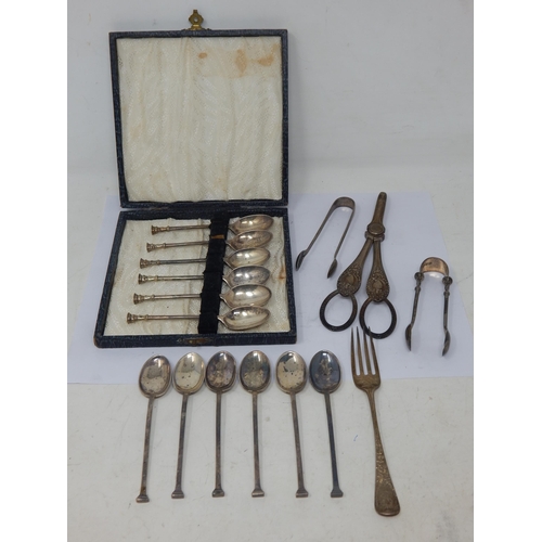 219 - A Quantity of Hallmarked Silver to Include a Pair of Victorian Silver Grape Scissors, a cased set of... 