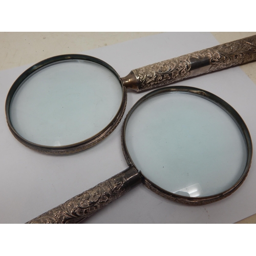 222 - Two Large Victorian White Metal Handled Library Magnifying Glasses: Length 26cm