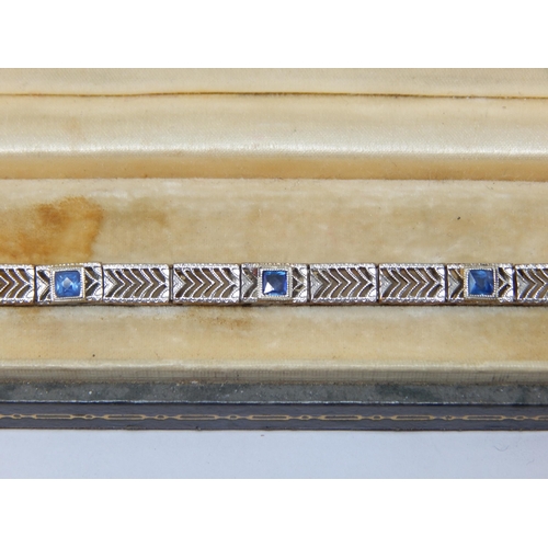 228 - Art Deco 14ct White Gold Bracelet Set with 3 Good Sapphires: 17cm long: in original Marcus & Co, 5th... 