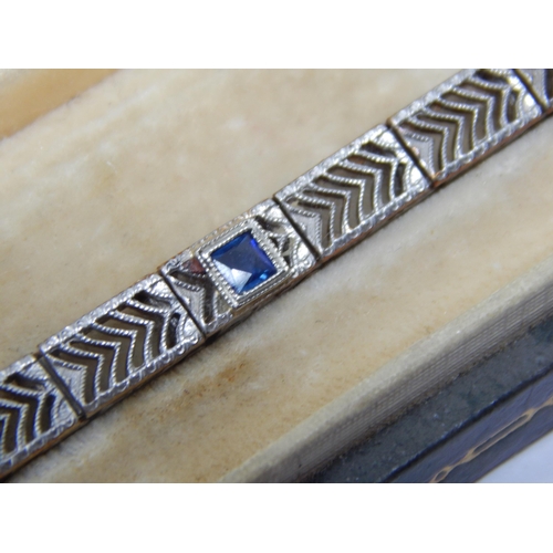 228 - Art Deco 14ct White Gold Bracelet Set with 3 Good Sapphires: 17cm long: in original Marcus & Co, 5th... 