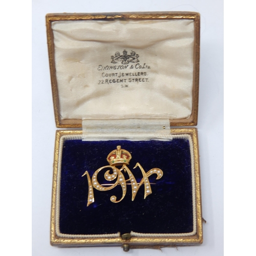 229 - 15ct Gold 1911 King George V Coronation Brooch with an Enamel Crown & Set with Seed Pearls in Origin... 