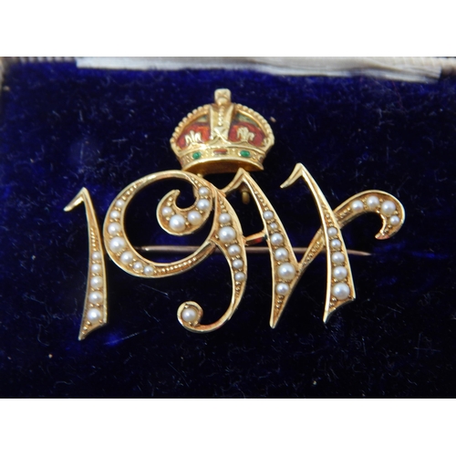 229 - 15ct Gold 1911 King George V Coronation Brooch with an Enamel Crown & Set with Seed Pearls in Origin... 