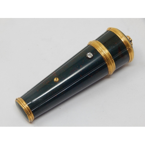 236 - A George III tapered bloodstone etui case with  gold mounts and a diamond push button cover release ... 