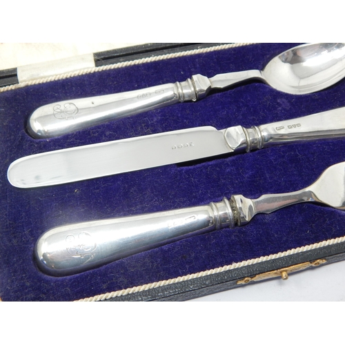 268 - Silver Handled Christening Set in Original Fitted Case: Hallmarked Chester 1921 by William Vale & So... 