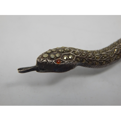 183 - Very Large Hallmarked Silver & Marcasite Set Snake Brooch: London 1989 by MG Ld: Length 17.5cm