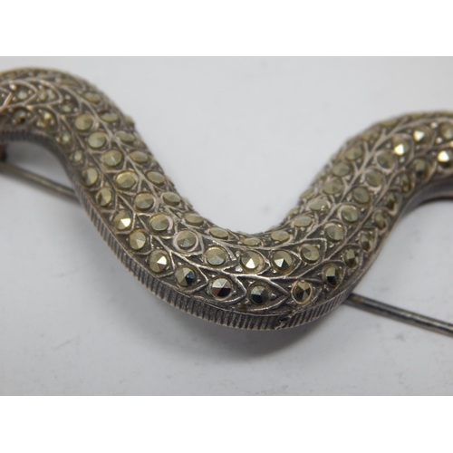 183 - Very Large Hallmarked Silver & Marcasite Set Snake Brooch: London 1989 by MG Ld: Length 17.5cm