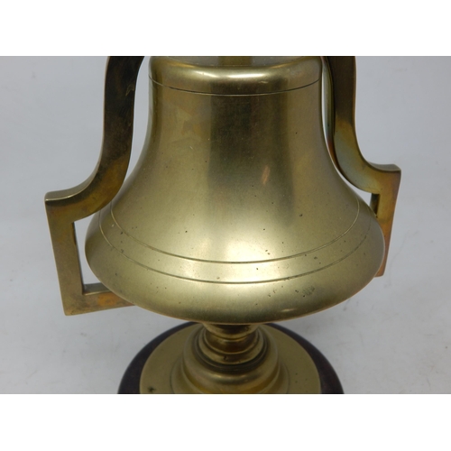 390 - Brass Ships Bell on Mahogany Plinth: Height 32cm