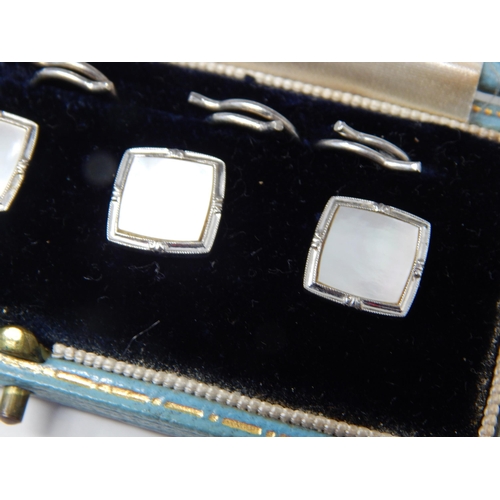 46 - A Set of 9ct White Gold & Mother of Pearl Dress Studs in Fitted Case together with a Similar Silver ... 