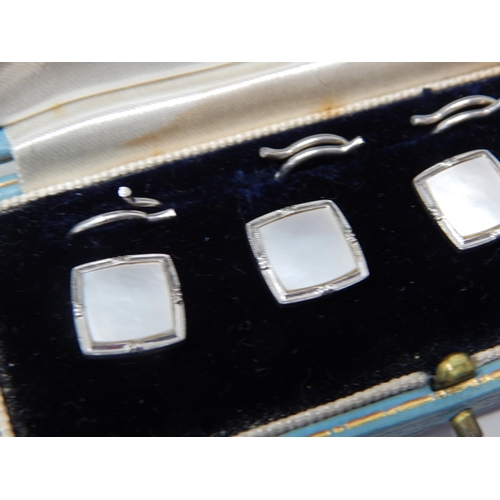 46 - A Set of 9ct White Gold & Mother of Pearl Dress Studs in Fitted Case together with a Similar Silver ... 