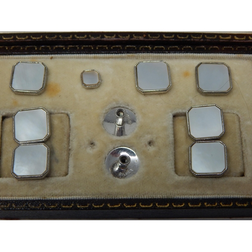 46 - A Set of 9ct White Gold & Mother of Pearl Dress Studs in Fitted Case together with a Similar Silver ... 