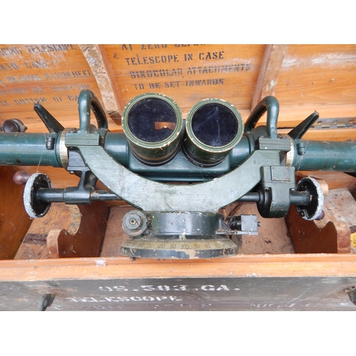 450 - WWII Large Military Telescope on Stand in original fitted wooden case of issue with tripod. Case is ... 