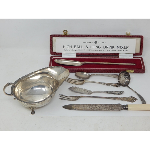 165 - A Quantity of Hallmarked Silver Including a Sauce Boat, Marrow Scoop, Cake Knife, Sifter Spoon & Fla... 