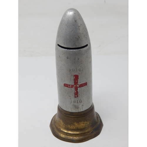 458 - WWI Aluminium Money Box Formed as a Shell & engraved with 1914-1918.