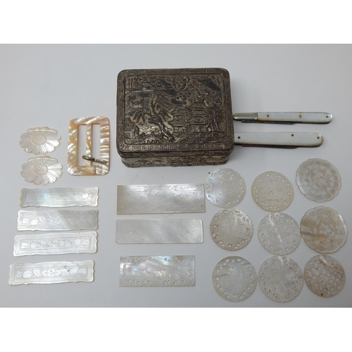 400J - A Chinese Box containing a Quantity of 19th Century Carved Mother of Pearl Gaming Counters etc.