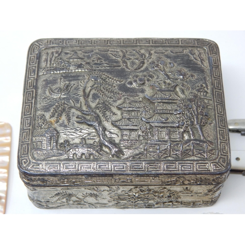 400J - A Chinese Box containing a Quantity of 19th Century Carved Mother of Pearl Gaming Counters etc.