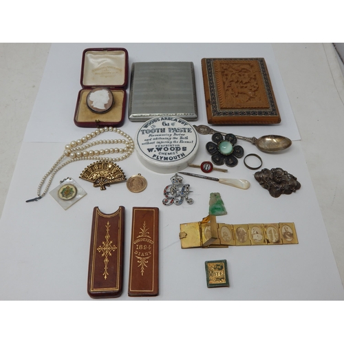 400L - An Interesting Group of Items Including an Anglo Indian Carved & Inlaid Wooden Card Case, Jade Penda... 