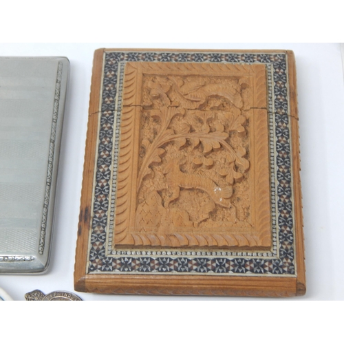 400L - An Interesting Group of Items Including an Anglo Indian Carved & Inlaid Wooden Card Case, Jade Penda... 